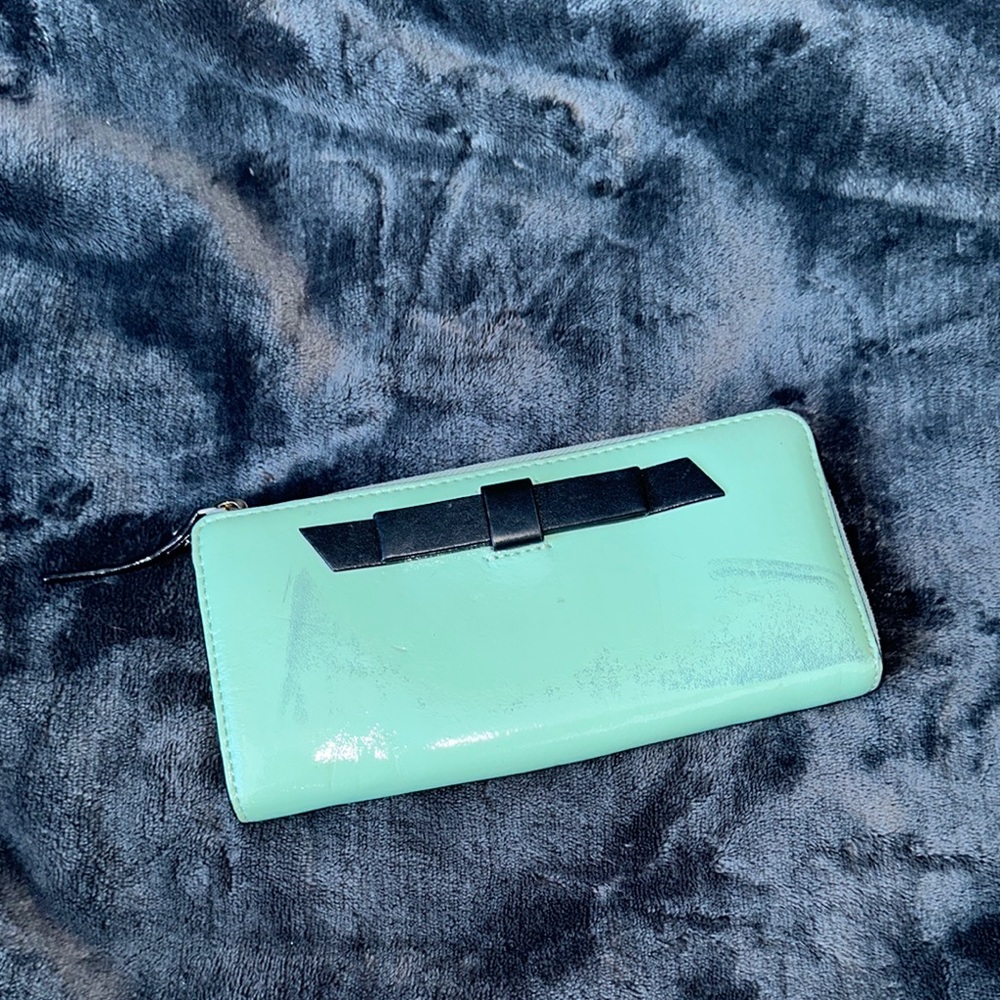 Kate spade Mint Green patent leather long Wallet with black Bow Accent